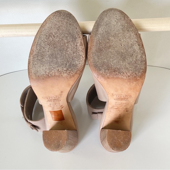 Vince Addie Open-Toe Buckle-Back Sandal Taupe Wood Block Heel Size 8.5 - Picture 13 of 13